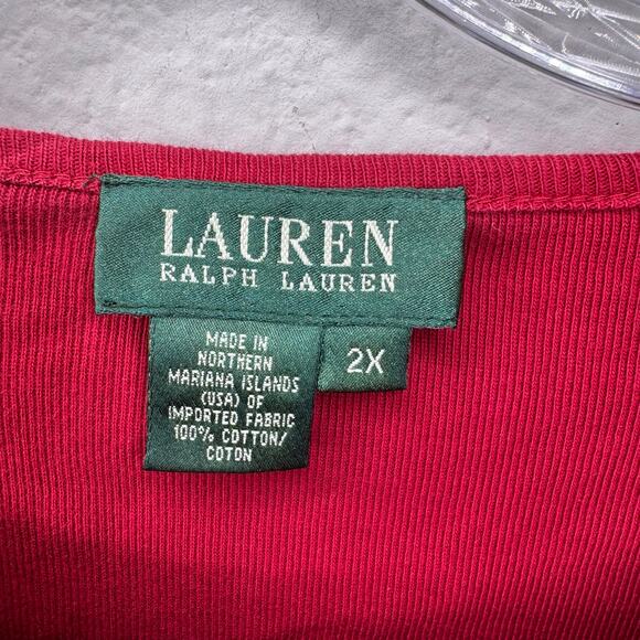 Lauren Ralph Lauren 2X Red 100% Cotton Long Sleeve Top Logo Button Classic Fit - Picture 7 of 8